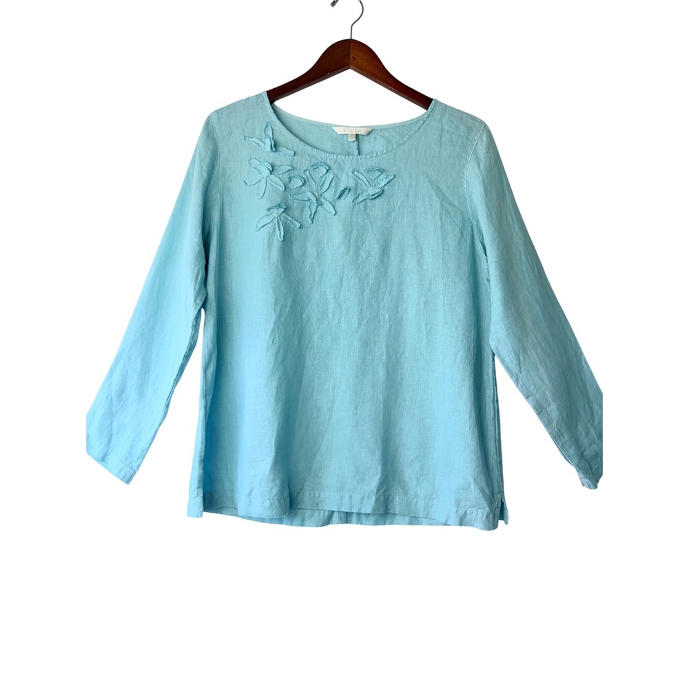 Kleen Medium Blue 100% Linen Long Sleeve Lagenlook Floral Applique Blouse Top